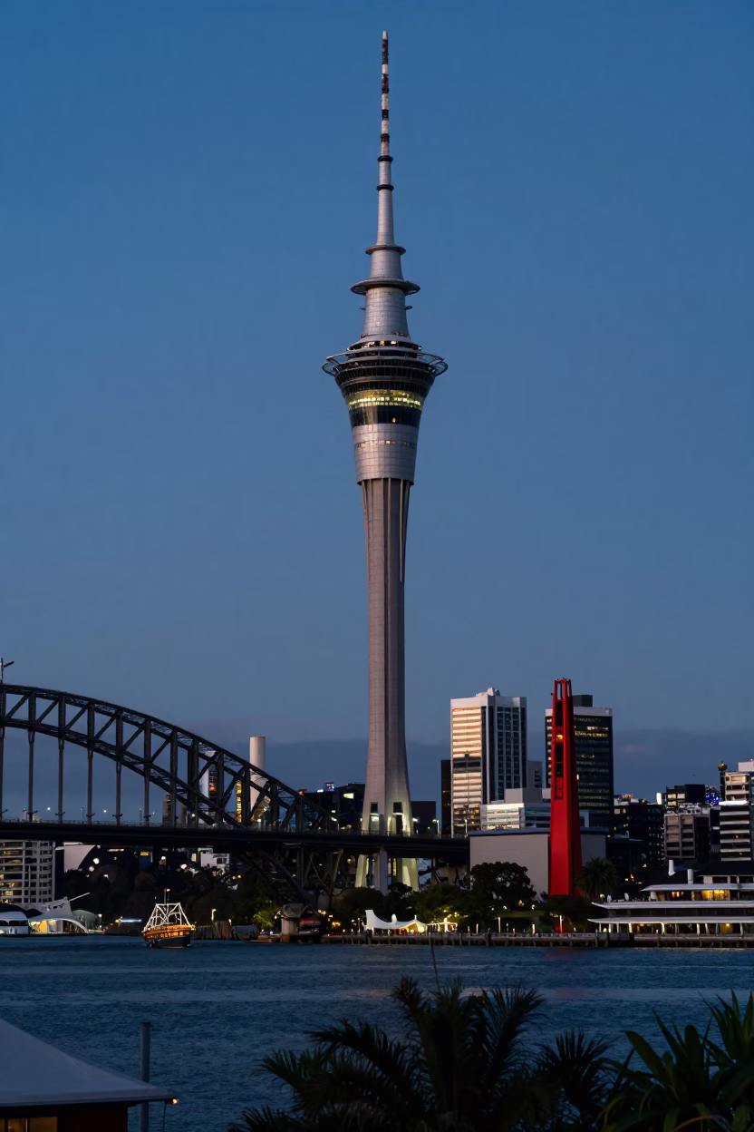 Twilight Auckland Sky Tower and Harbour Bridge with Red Flame Tree Bloom in in Auckland, New Zealand