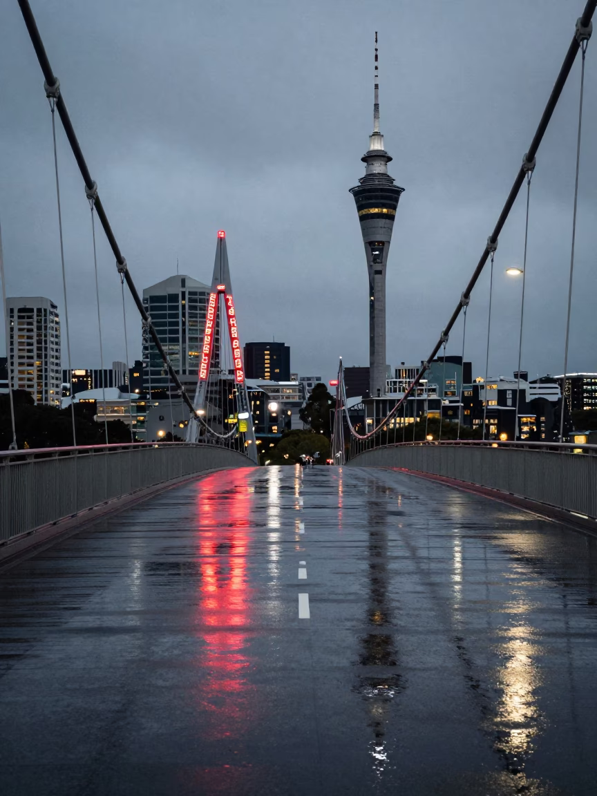 Twilight Auckland Sky Tower Reflections on Wet Suspension Bridge Deck After Storm in in Auckland, New Zealand