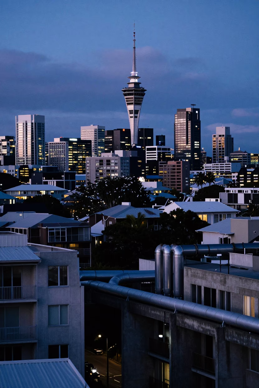 Twilight Auckland Skyline with District Heating Pipes and Urban Apartment Blocks in in Auckland, New Zealand