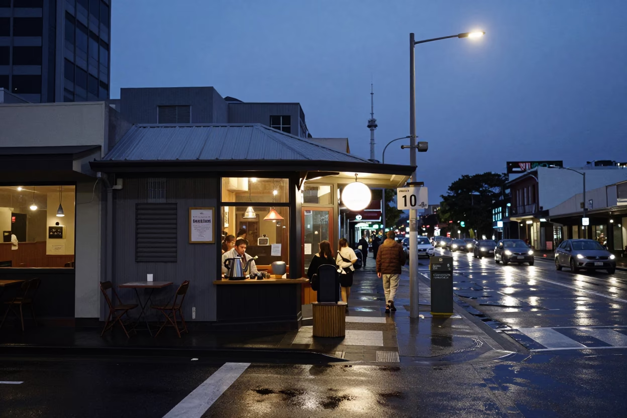 Twilight Auckland Street Scene with Vintage Electric Kettle and Plant Pot in in Auckland, New Zealand