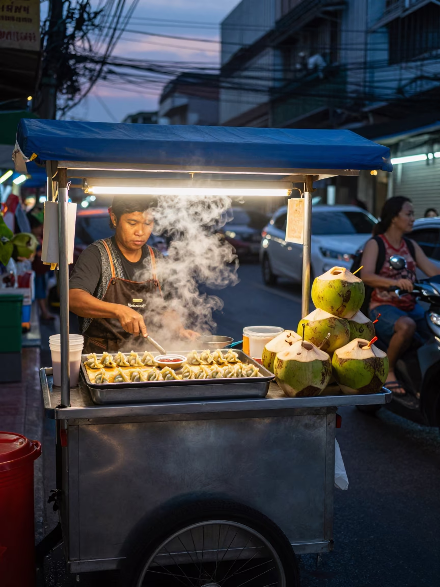 Twilight Bangkok Street Food Vendor Selling Gyoza and Coconuts on Busy City Corner in in Bangkok, Thailand