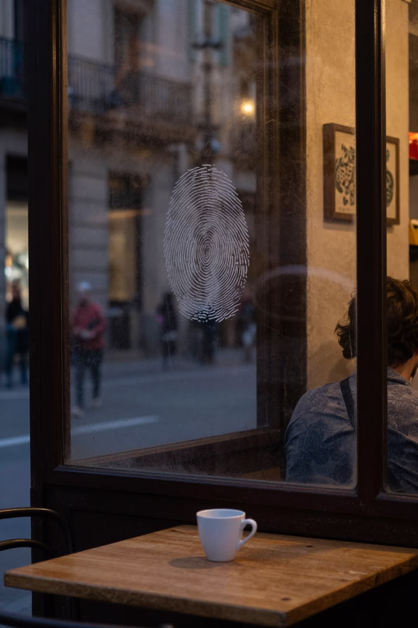 Twilight Barcelona Street Scene with Fingerprinted Window and Ceramic Cup in in Barcelona, Spain