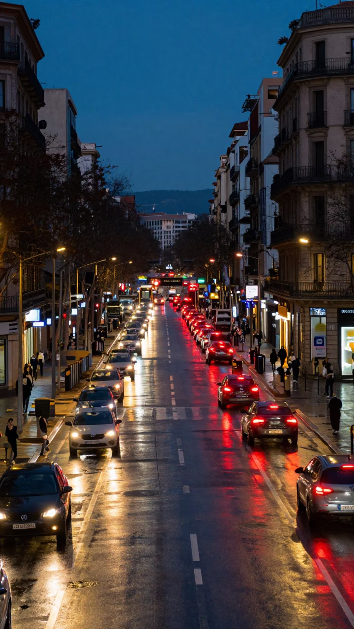 Twilight Barcelona Street Scene with Glowing Taillights on Wet Asphalt in in Barcelona, Spain