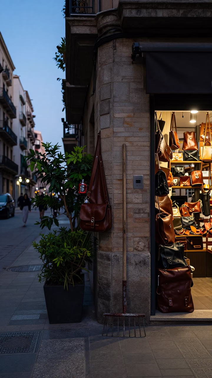 Twilight Barcelona Street Scene with Leather Goods and Garden Tools in in Barcelona, Spain