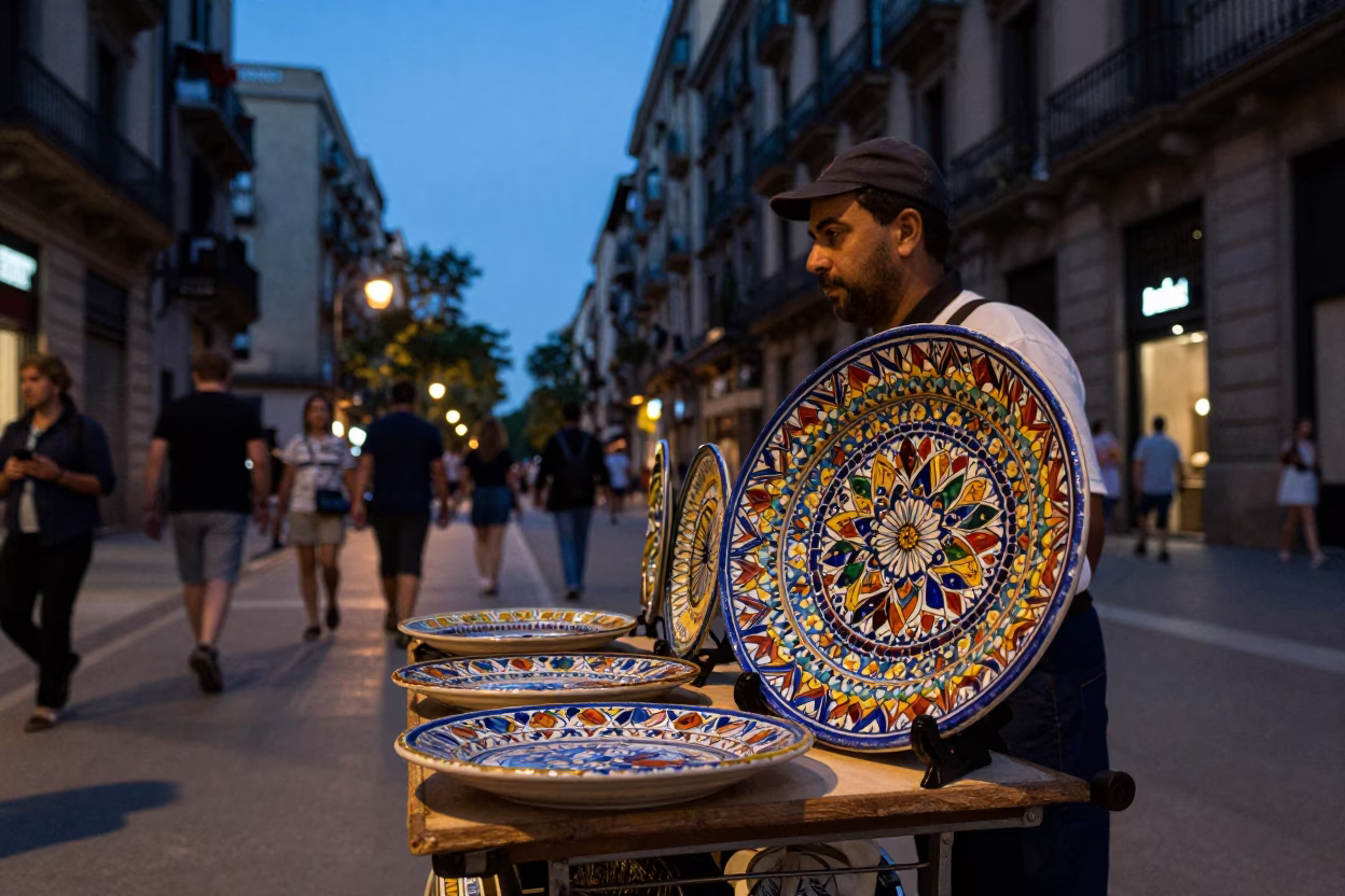Twilight Barcelona Street Scene with Vintage Majolica Plate and Local Interaction in in Barcelona, Spain