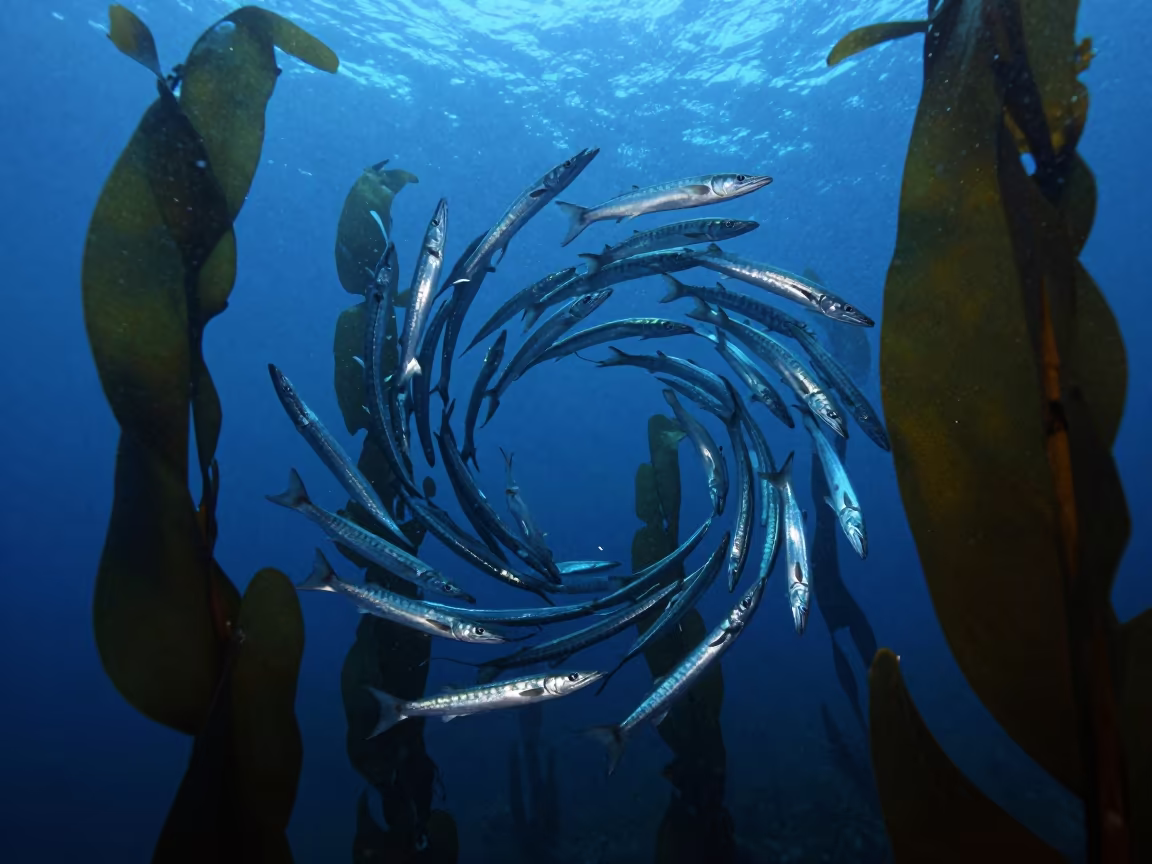 Twilight Barracuda Vortex Through Queensland Kelp in through a forest of kelp fronds in Queensland