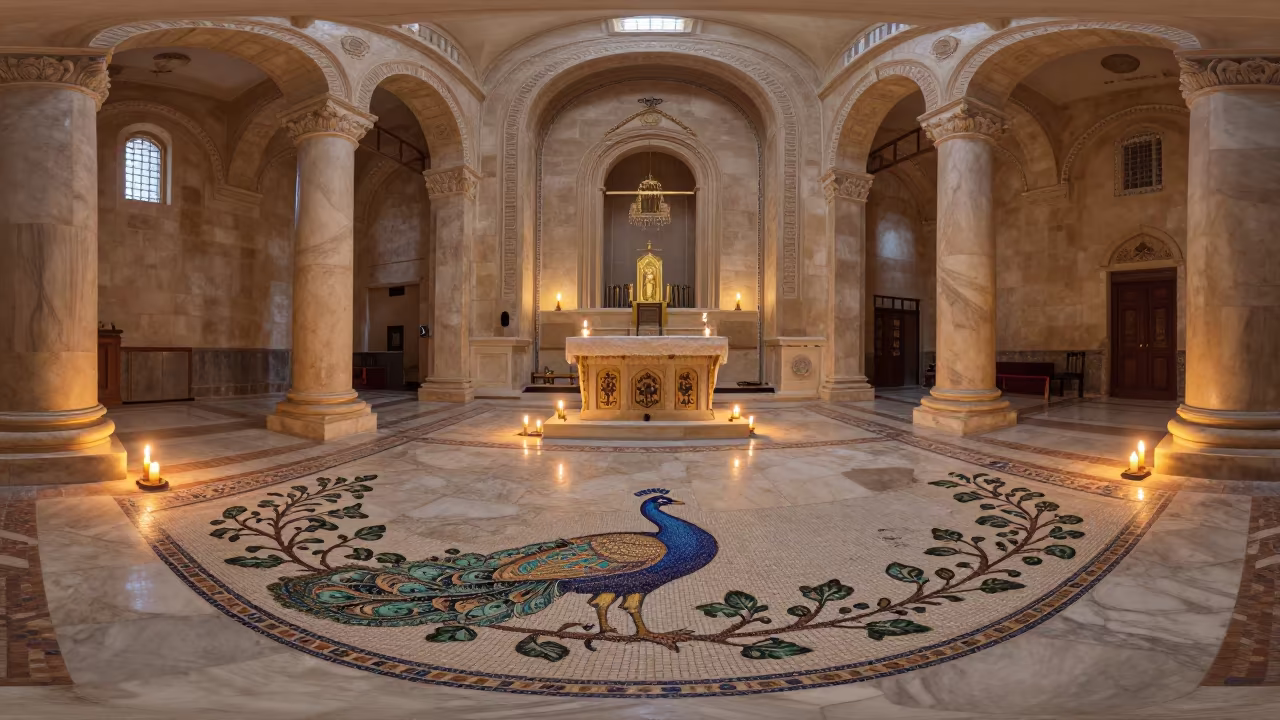 Twilight Basilica Narthex with Ancient Peacock Mosaics in at the foot of a stone altar in Kafr el-Dawwar