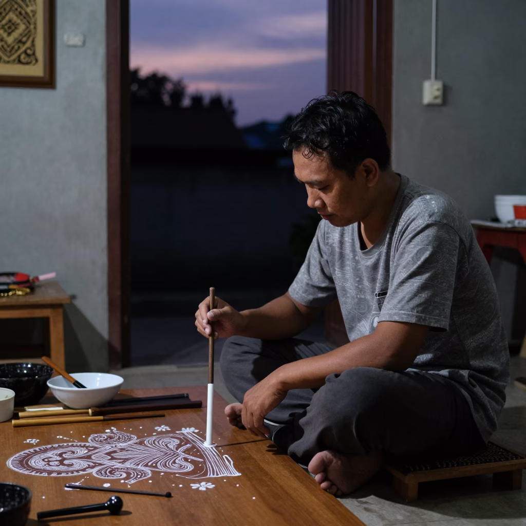 Twilight Batik Workshop in Yogyakarta Indonesia with Artist Applying Wax in in Yogyakarta, Indonesia