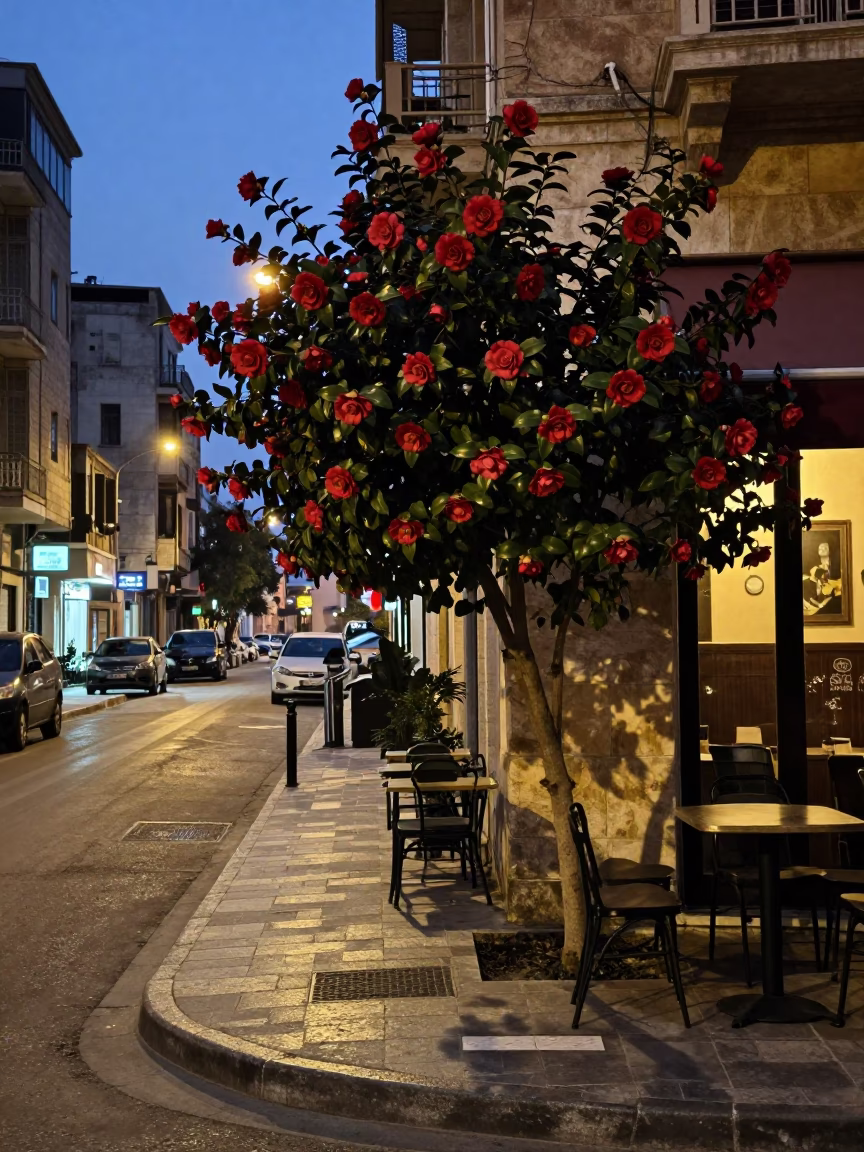Twilight Beirut Street Scene with Camellia and Urban Life in in Beirut, Lebanon