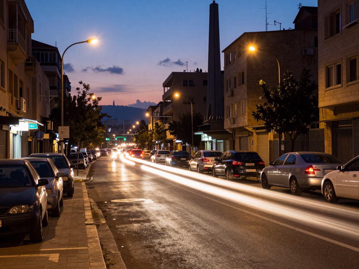 Twilight Beirut Street Scene with Car Headlight Trails and Local Traffic in in Beirut, Lebanon