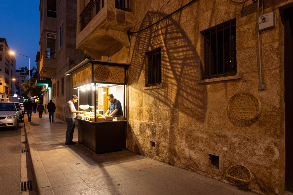 Twilight Beirut Street Scene with Manakeesh and Wicker Shadows in in Beirut, Lebanon