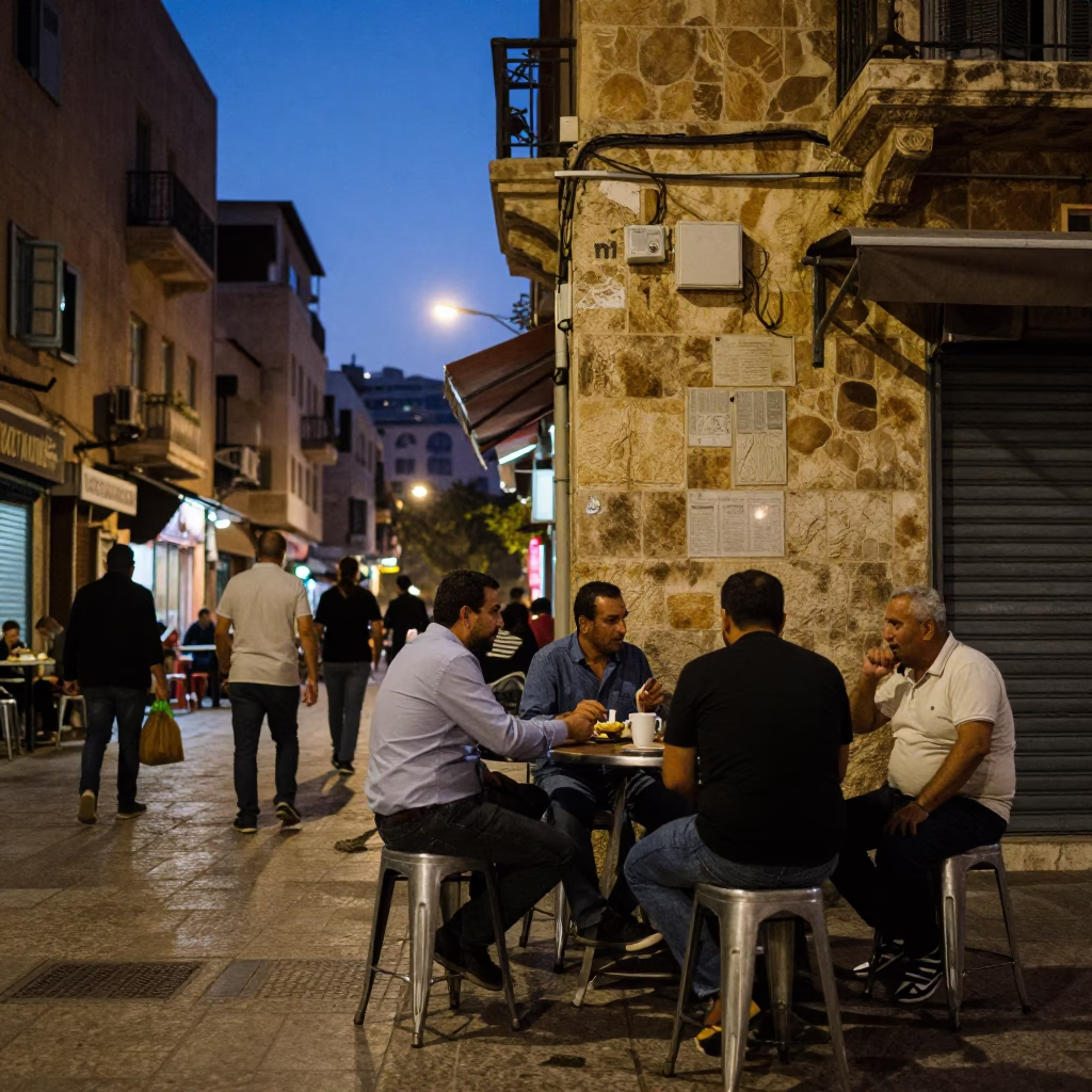 Twilight Beirut Street Scene with Metal Stools and Local Interaction in in Beirut, Lebanon