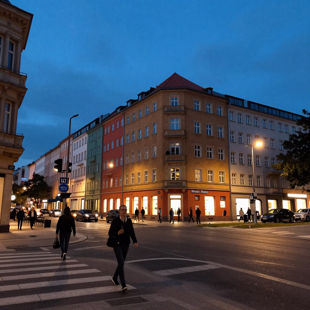 Twilight Berlin Street Scene with Colorful Architecture and Pedestrians in in Berlin, Germany