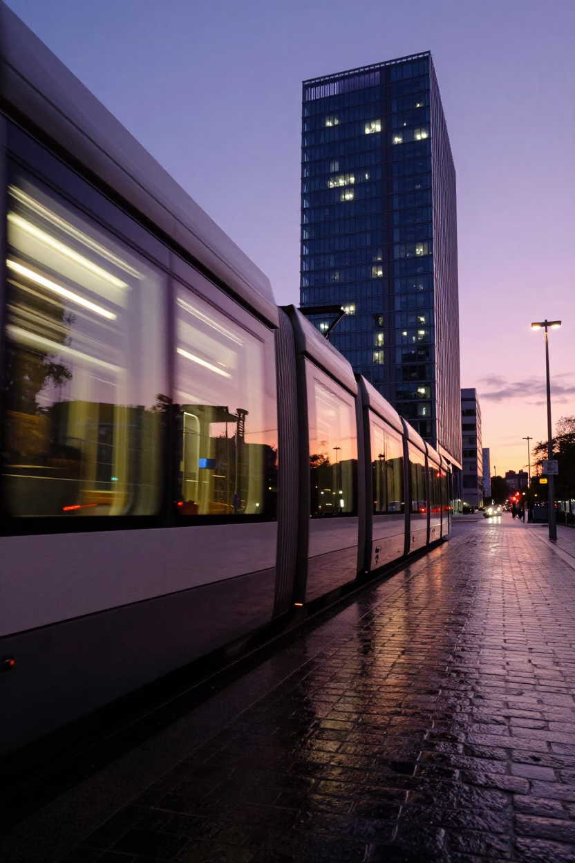 Twilight Berlin Street Scene with Monorail Reflection in Glass Skyscraper Window in in Berlin, Germany