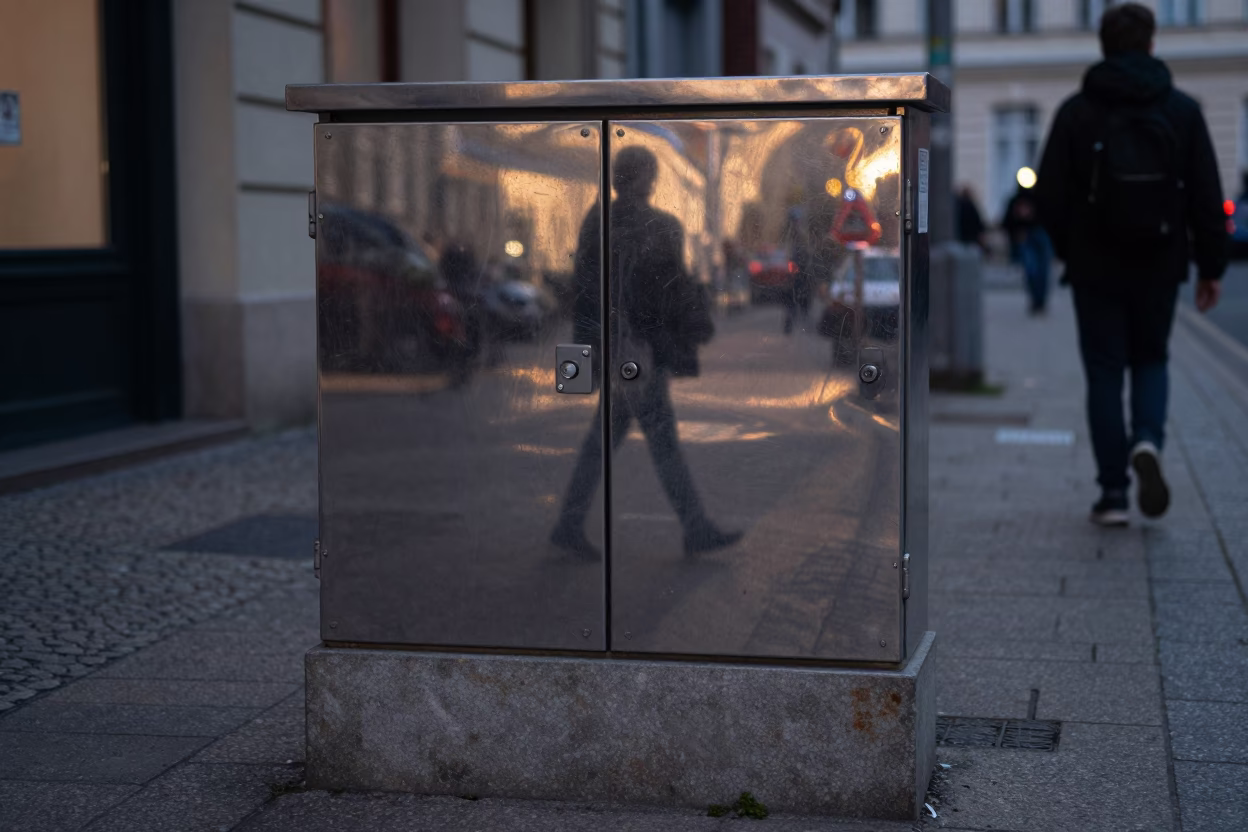 Twilight Berlin Street Scene with Shallow Reflections on Brushed Steel and Urban Decay in in Berlin, Germany