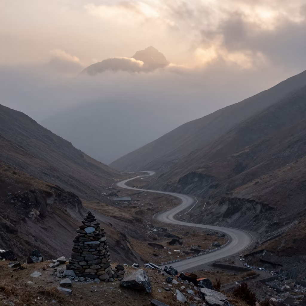 Twilight Bird's Eye View of Mountain Pass Near Kathmandu in beside a summit cairn above the tree line near Kathmandu