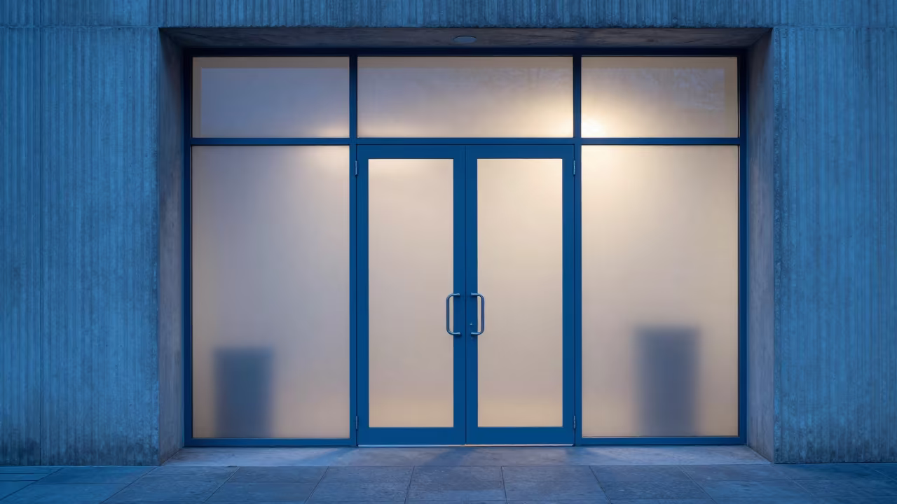 Twilight Blue Hour Through Frosted Ribbed Glass in inside a ribbed concrete lobby near Kayseri