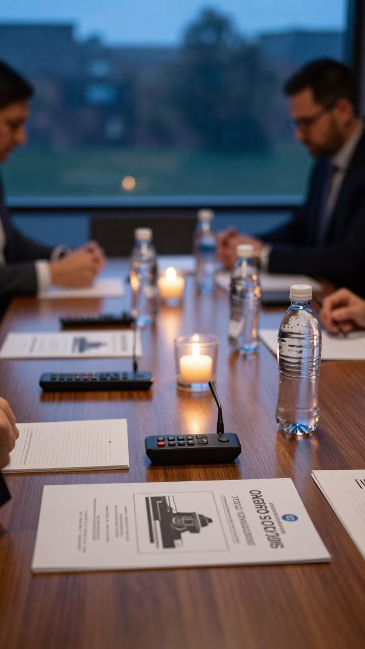 Twilight boardroom meeting with candlelight and monsoon condensation in at a boardroom table before a meeting in Cardiff
