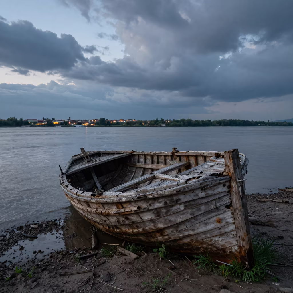 Twilight Boat Skeleton on Bursa Muddy Causeway in on a wind-open causeway near Bursa