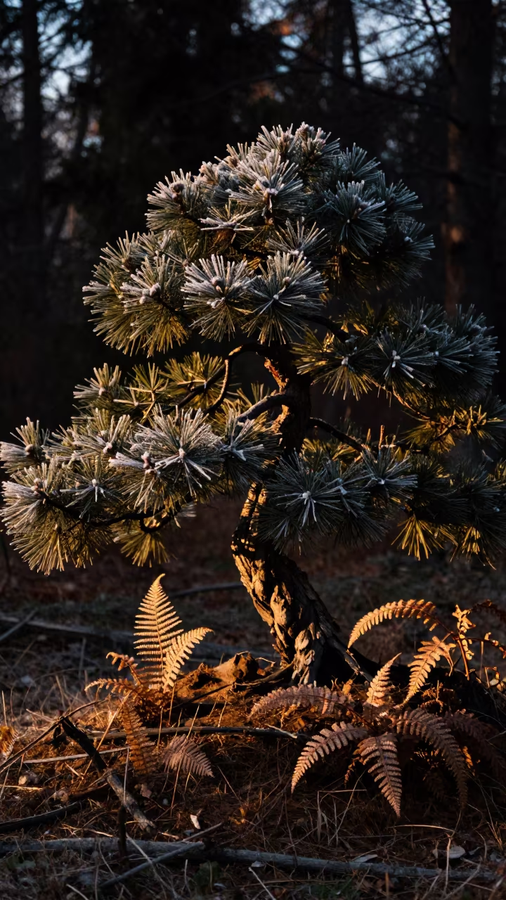 Twilight Bonsai Pine on Frosted Forest Floor in on a fern-lined forest floor near Sialkot
