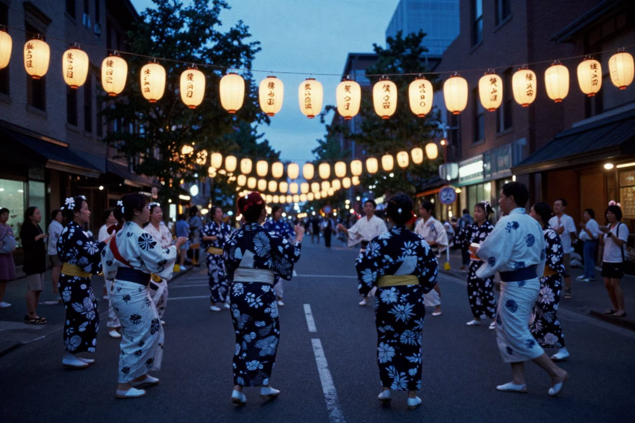 Twilight Boston Street Scene with Paper Lanterns and Obon Dance Circle in in Boston, Massachusetts, United States