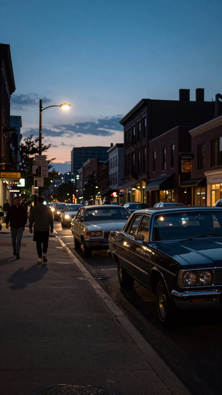 Twilight Boston Street Scene with Vintage Cars and City Lights in in Boston, Massachusetts, United States