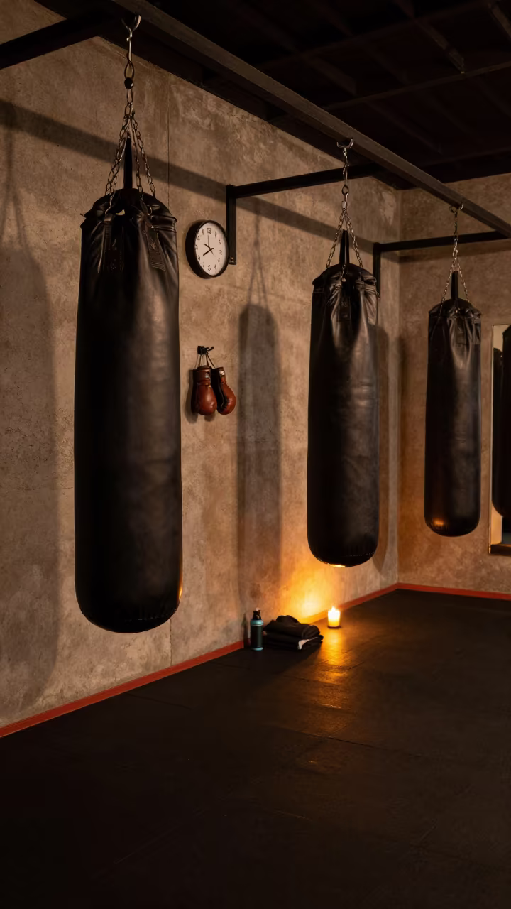 Twilight Boxing Corner with Warm Candlelight Glow in inside a spin studio under class lights near Bamenda
