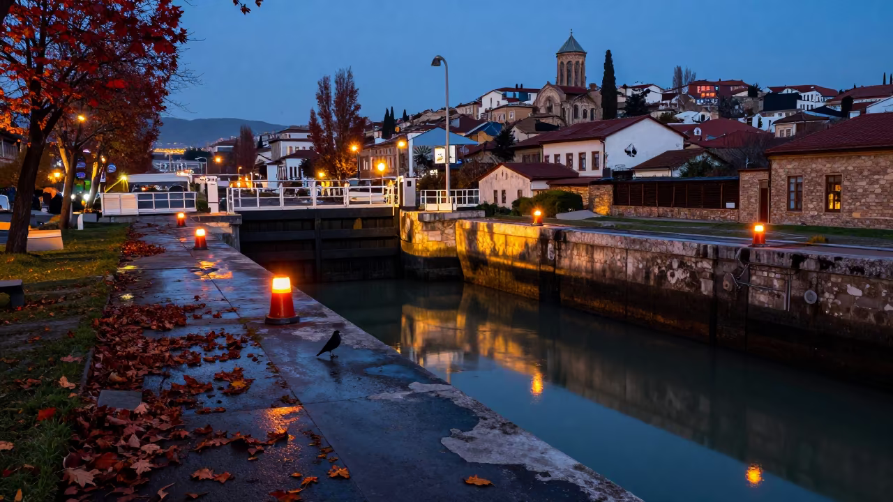 Twilight Breakwater Beacons at Tbilisi Lock in at a canal lock chamber in Old Town, Tbilisi