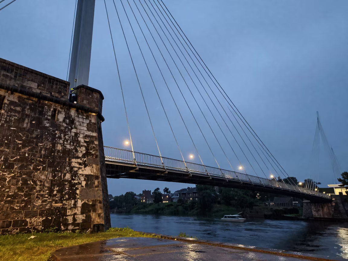 Twilight Bridge Cable Pattern Over Water in outside a wind-scoured fortress wall near Aizawl