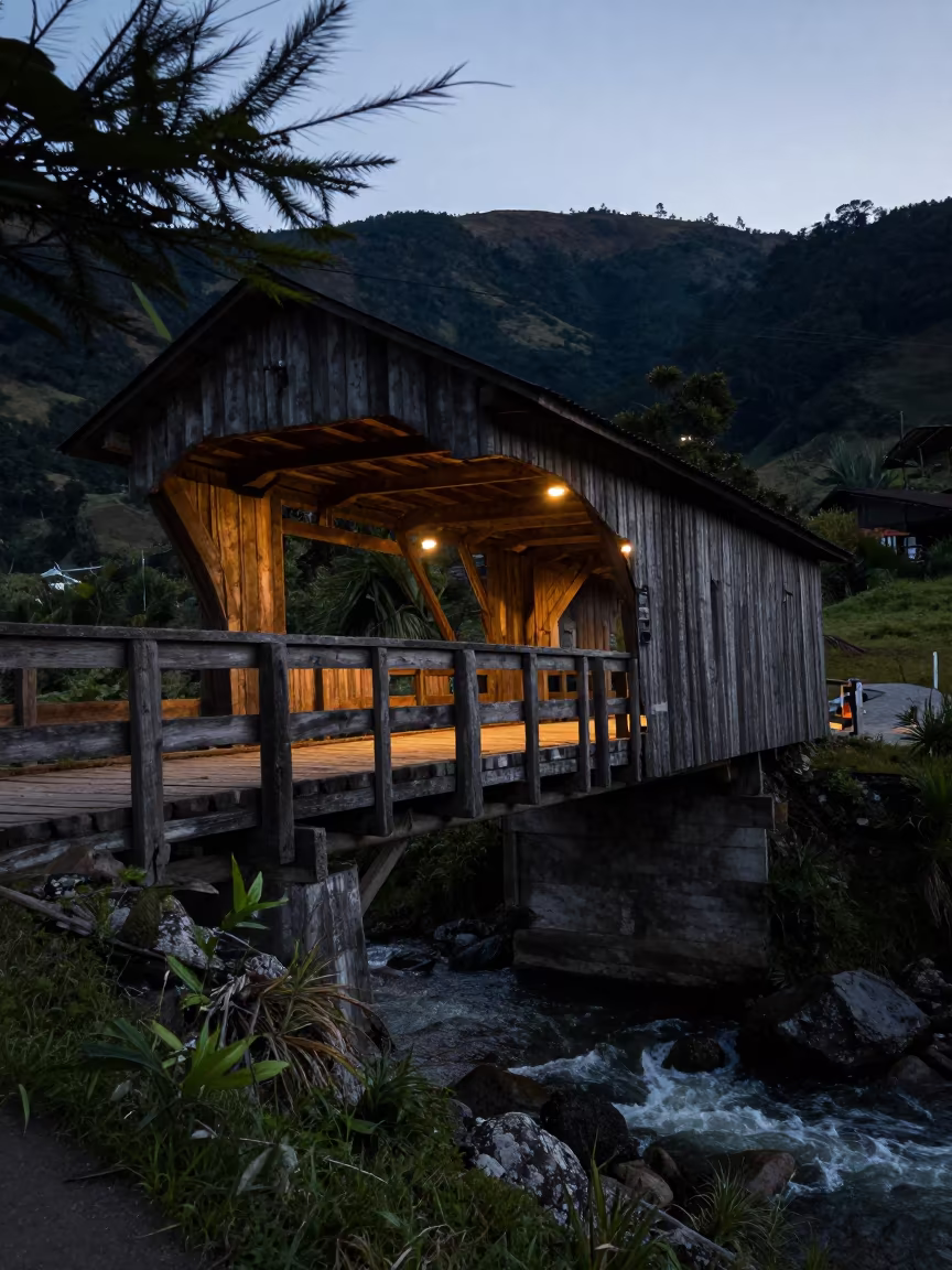 Twilight Bridge Over Ecuadorian Stream in in Ecuador