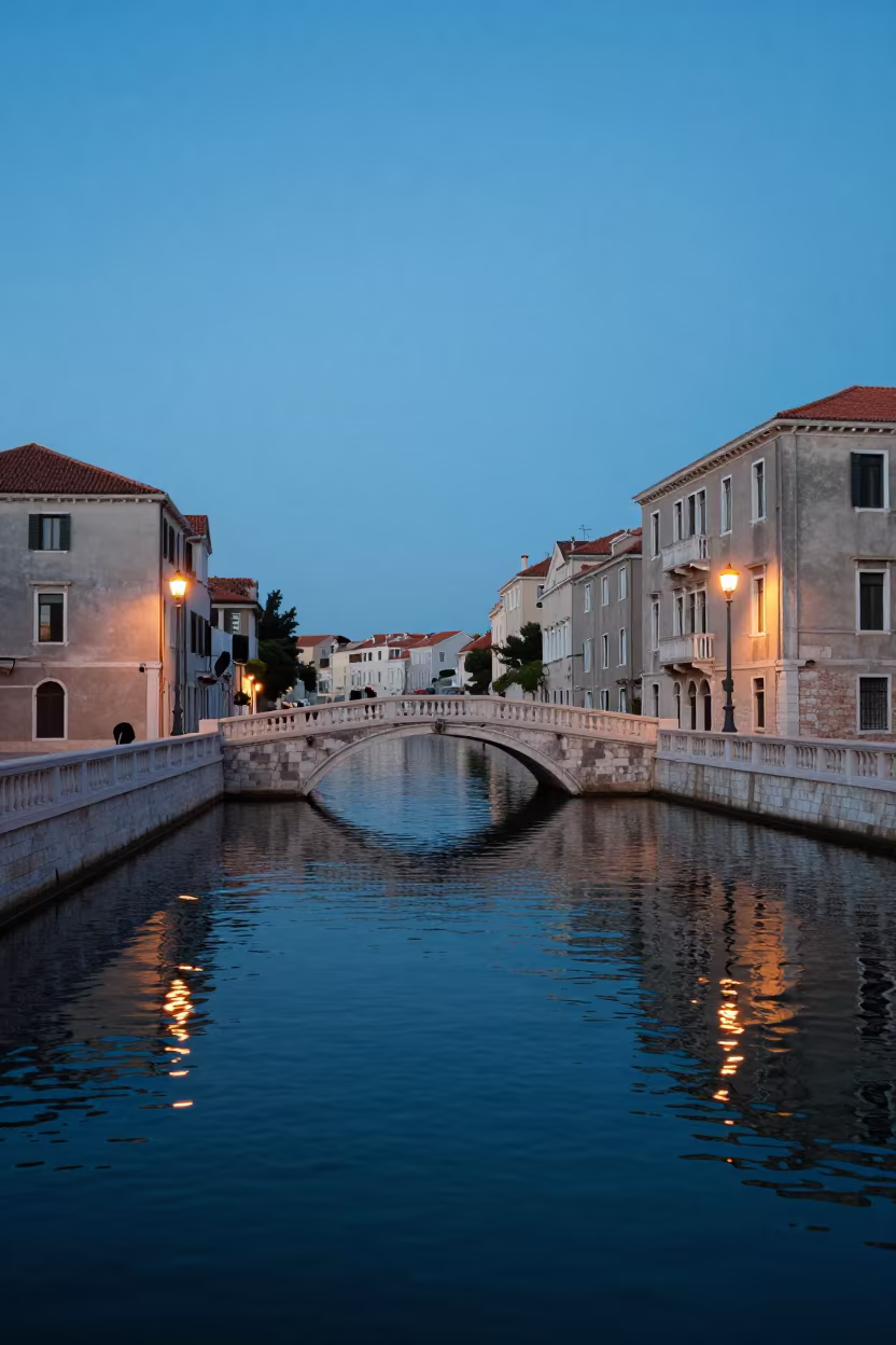 Twilight Bridge Reflection in Croatian Canal in in Croatia