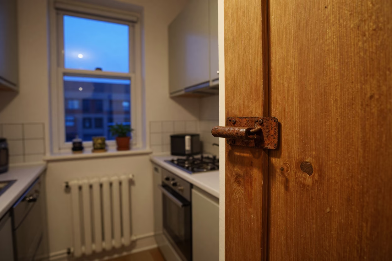 Twilight Brussels Kitchen Scene with Rusty Cabinet Latch and Dish Drainer in in Brussels, Belgium
