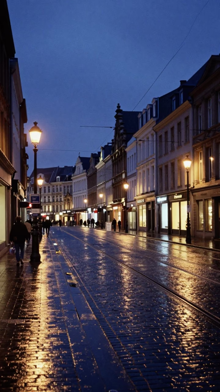 Twilight Brussels Street Scene with Cobblestones and Tram Lines in in Brussels, Belgium