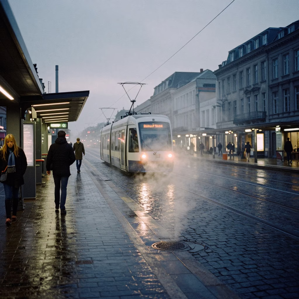 Twilight Brussels Tram Stop with Commuters and Steam Haze in in Brussels, Belgium
