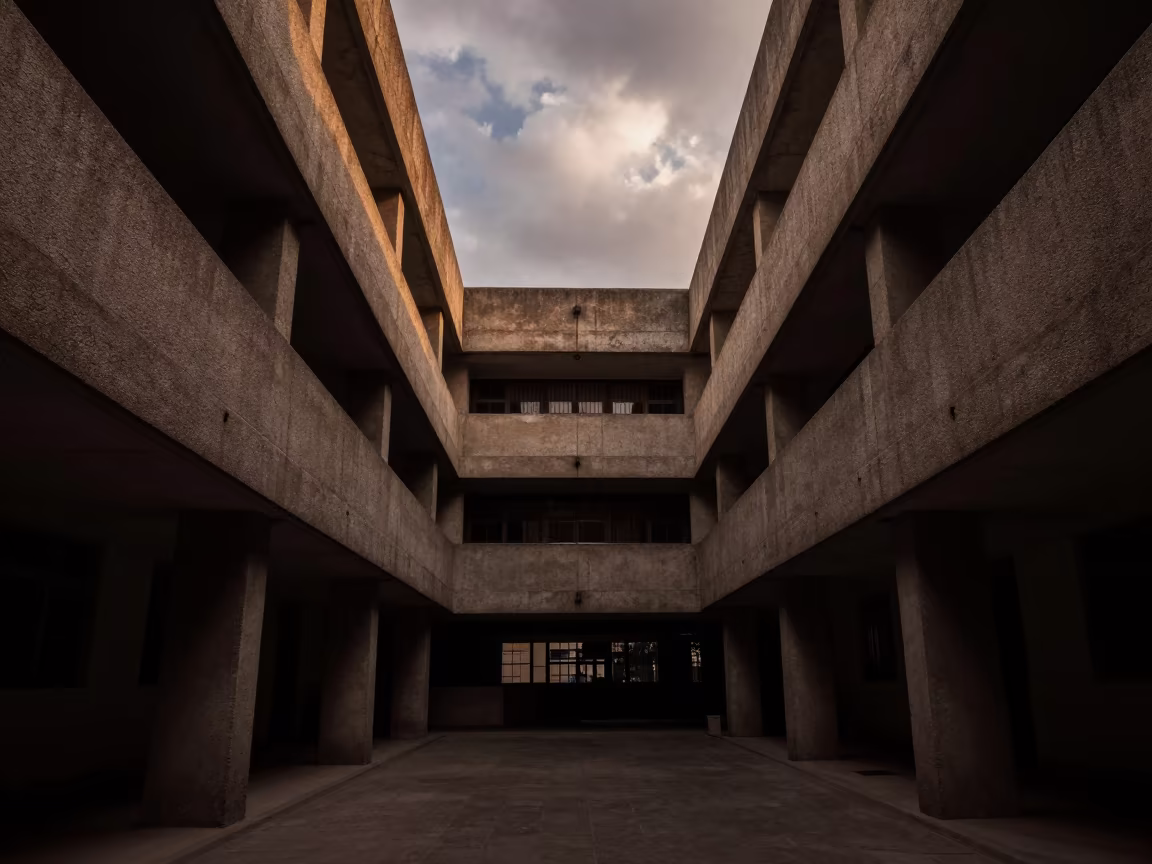 Twilight Brutalist Skylit Corridor with Dramatic Clouds in inside a skylit passageway near Delhi