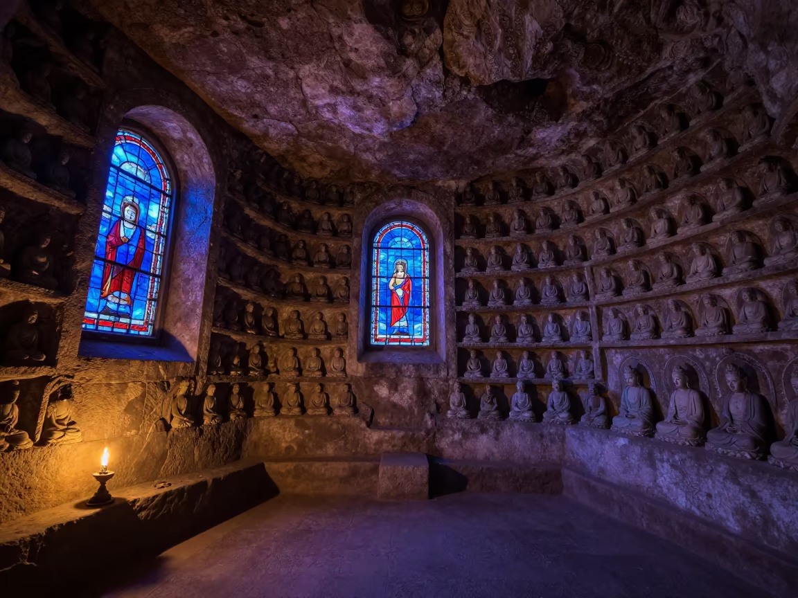 Twilight Buddhist Cave Temple Chapel Salvador in in a chapel lit by stained glass in Salvador