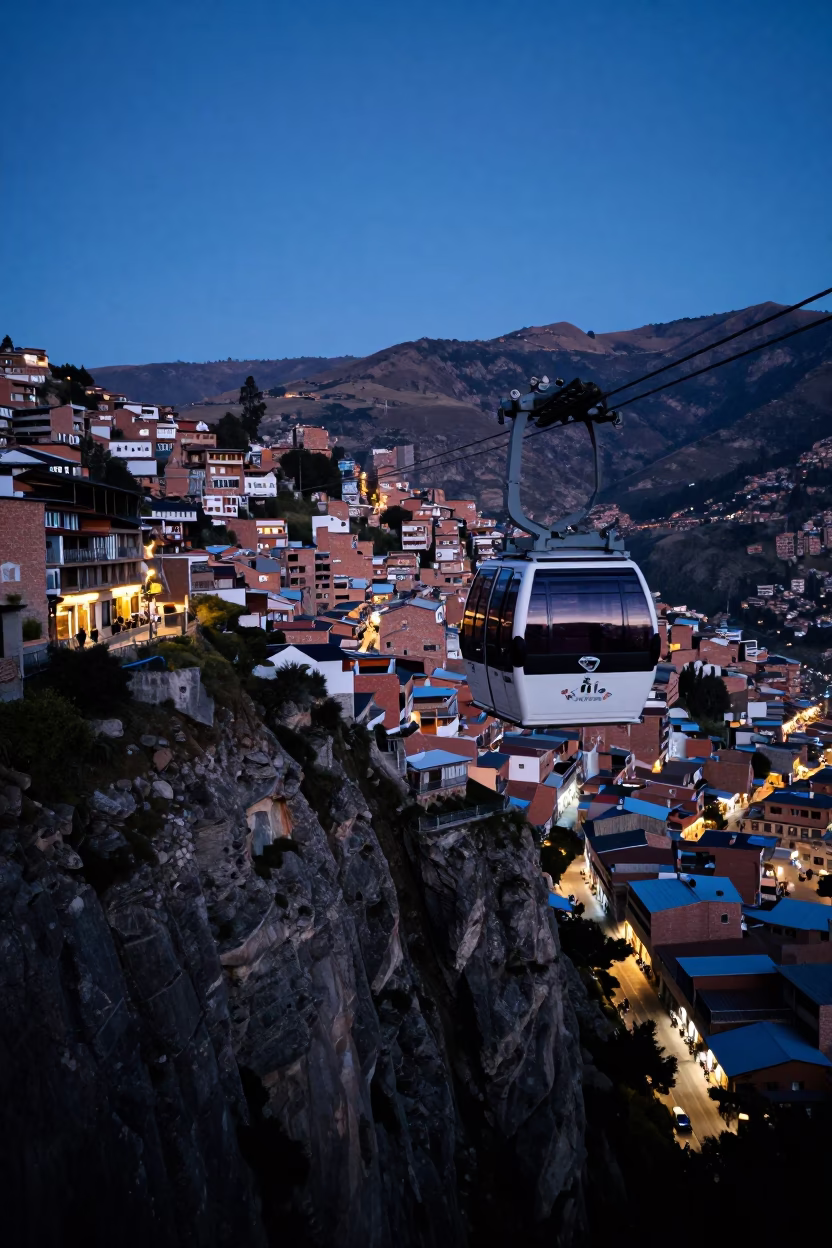 Twilight Cable Car Crossing Gorge Above La Paz Bolivia Street Scene in in La Paz, Bolivia