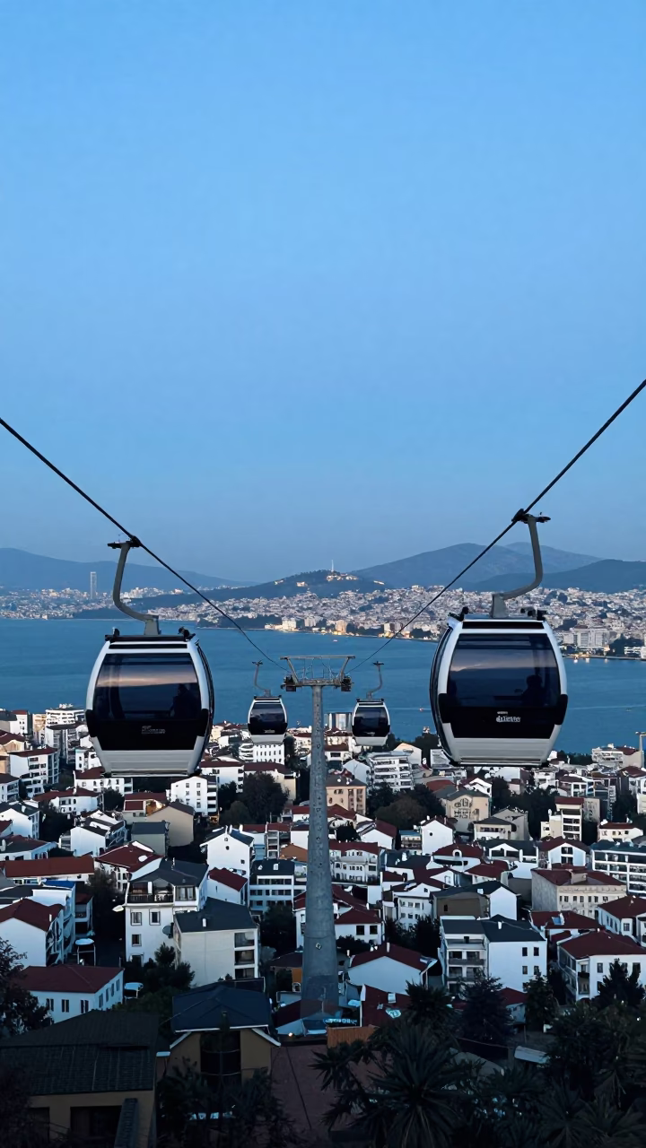 Twilight Cable Car View of Izmir Bay and Coastal Cityscape in in Izmir, Turkey
