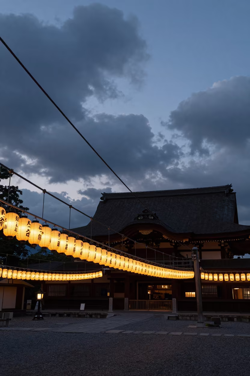 Twilight Cable Pattern Over Lantern-Lined Hokkaido Temple in in a lantern-lined temple precinct in Hokkaido