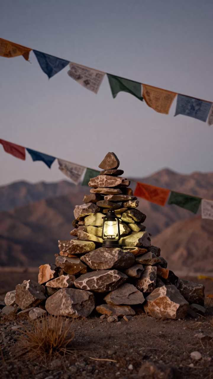 Twilight Cairn with Prayer Flags on Windy Leh Ridge in on a wind-cut ridge below prayer flag lines near Leh