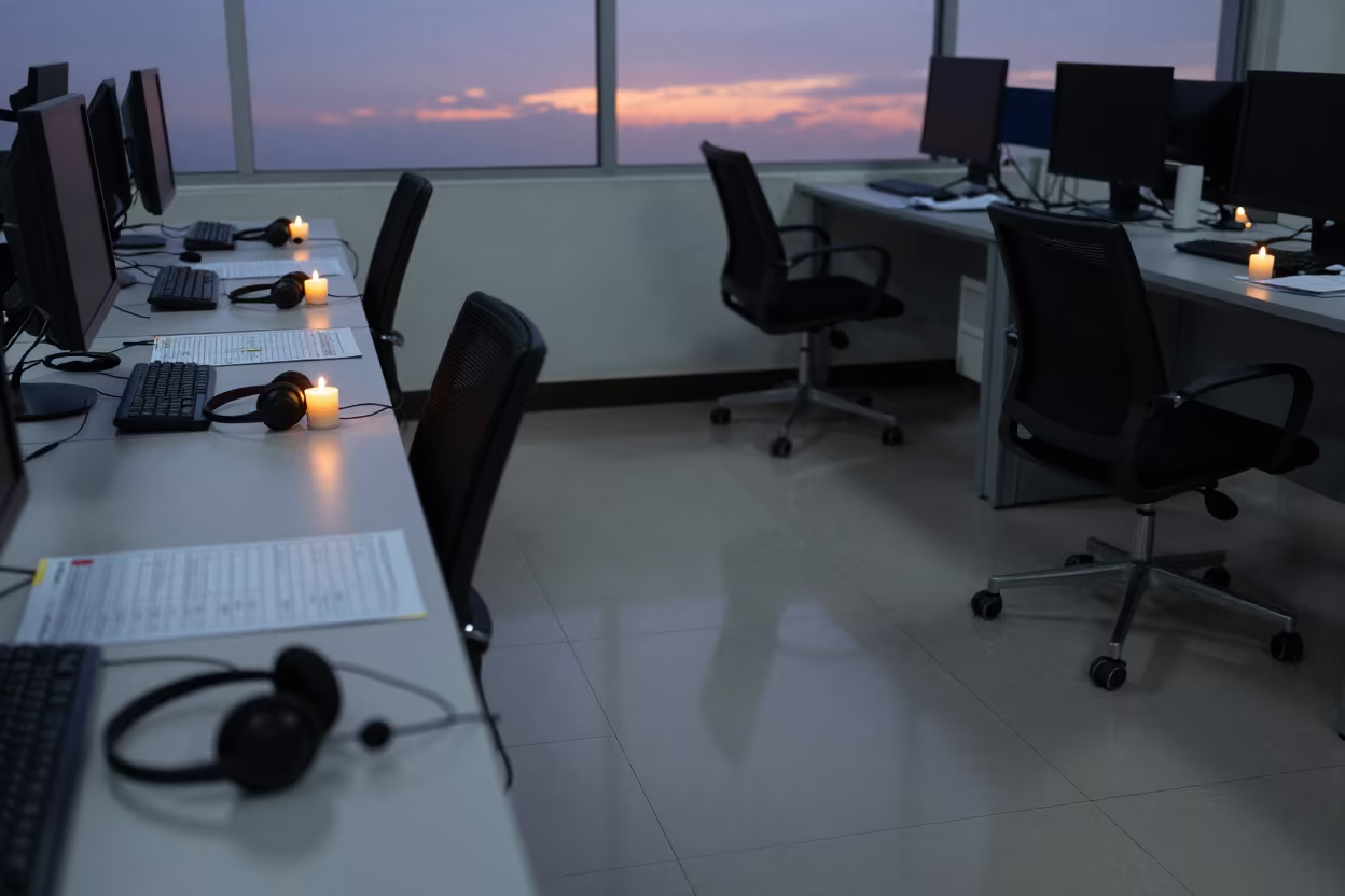Twilight Call Center Floor After Strategy Session in at a boardroom table before a meeting in Yangon