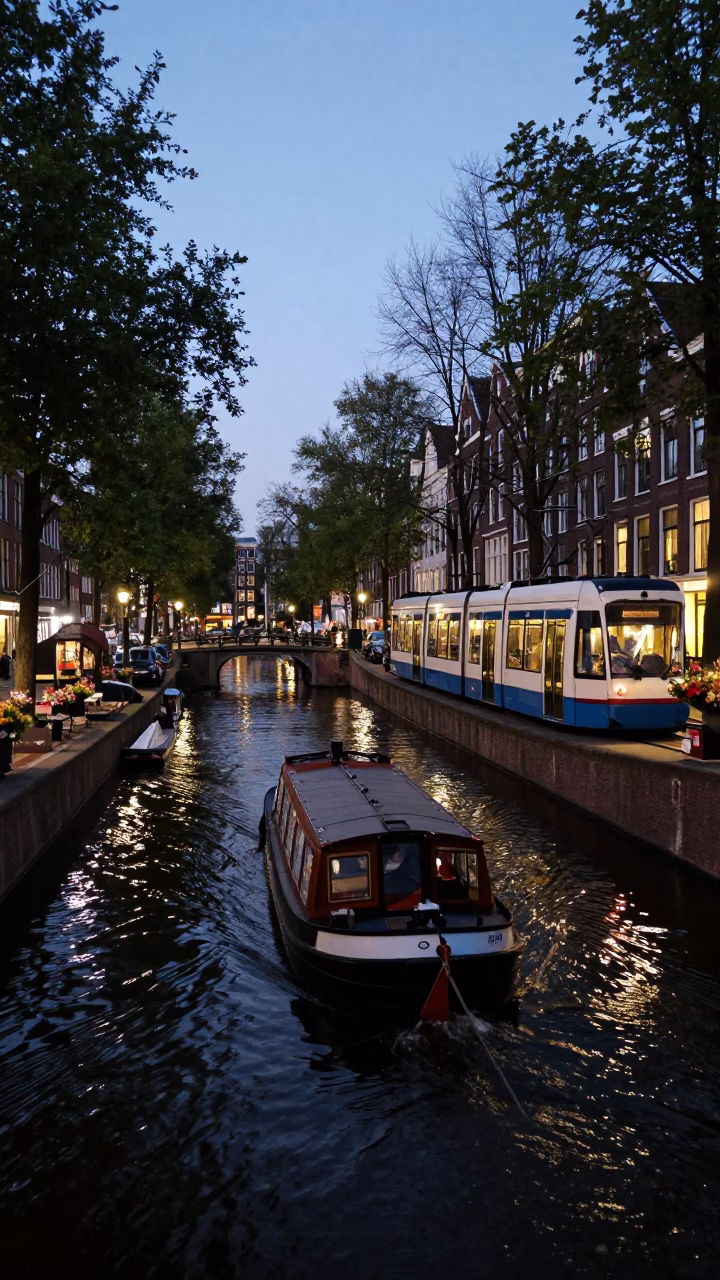 Twilight Canal Barge and Flower Market Tram in Amsterdam Netherlands in in Amsterdam, Netherlands