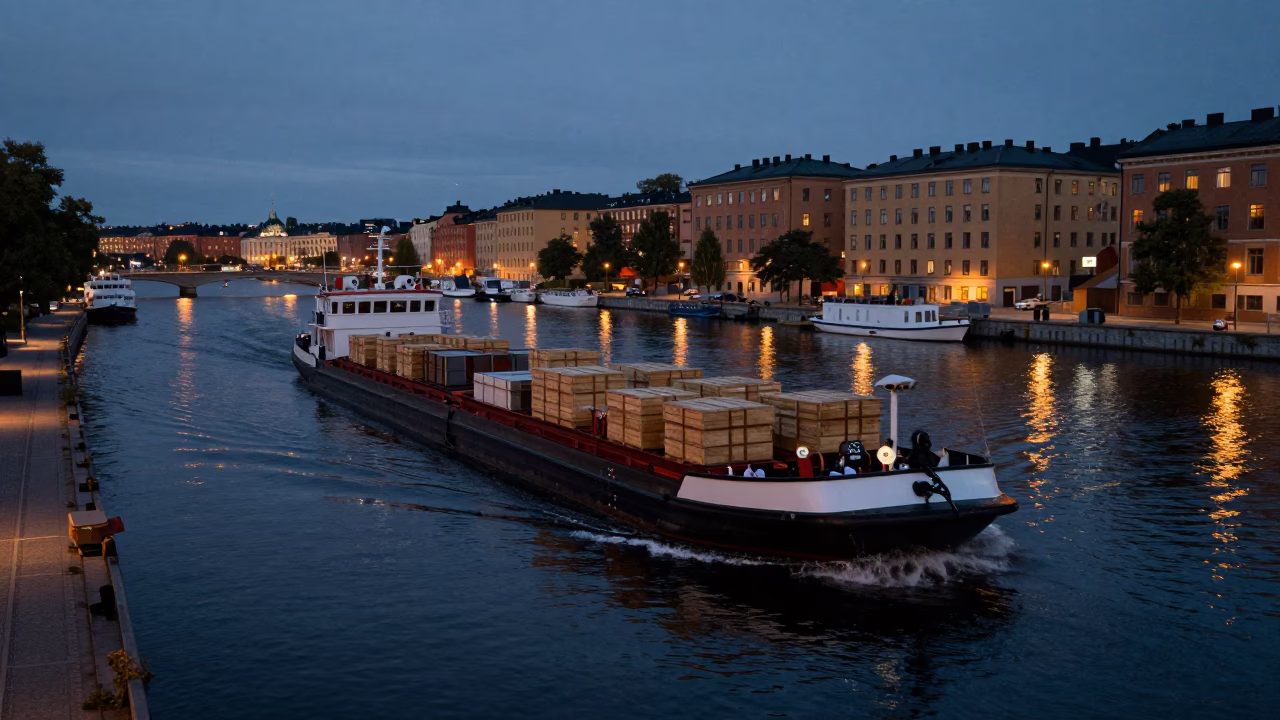Twilight Canal Barge Cargo Transport in Stockholm Sweden Urban Waterway in in Stockholm, Sweden