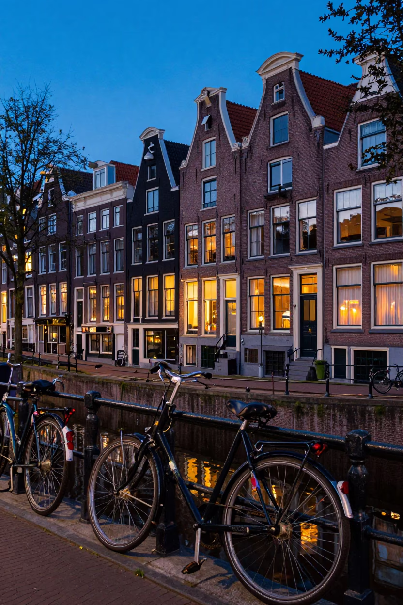 Twilight Canal Scene in Amsterdam Netherlands with Bicycle and Brick Architecture in in Amsterdam, Netherlands