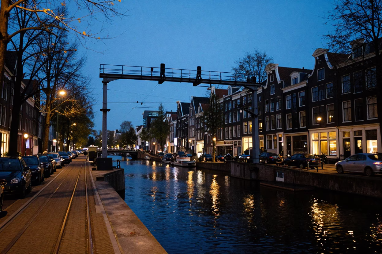 Twilight Canal Scene in Amsterdam Netherlands with Signal Gantry and Rail Lines in in Amsterdam, Netherlands