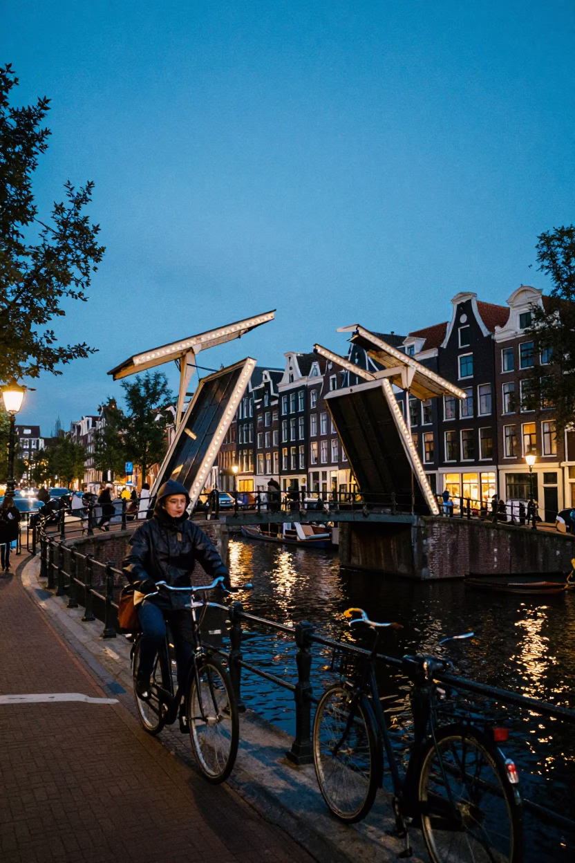 Twilight Canal Scene in Amsterdam with Bicycle and Traditional Dutch Architecture in in Amsterdam, Netherlands