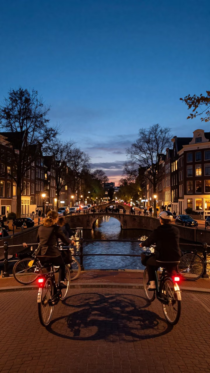Twilight Canal Scene in Amsterdam with Bicycle Traffic and Traditional Architecture in in Amsterdam, Netherlands