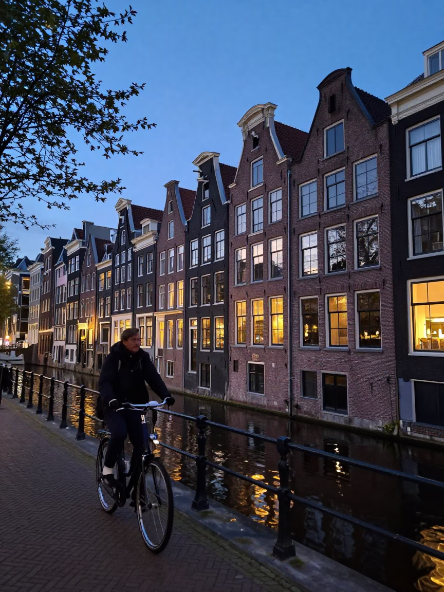 Twilight canal scene in Amsterdam with cyclist and brick architecture in in Amsterdam, Netherlands