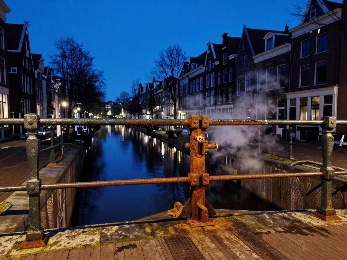 Twilight Canal Scene in Amsterdam With Rusty Locks and Steaming Pipes in in Amsterdam, Netherlands
