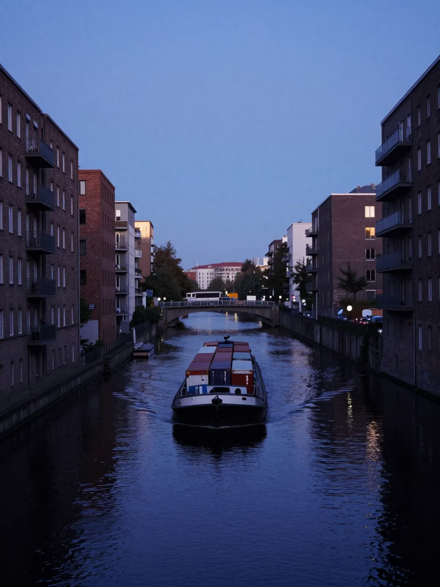 Twilight Canal Scene in Berlin Germany with Cargo Barge and Urban Architecture in in Berlin, Germany